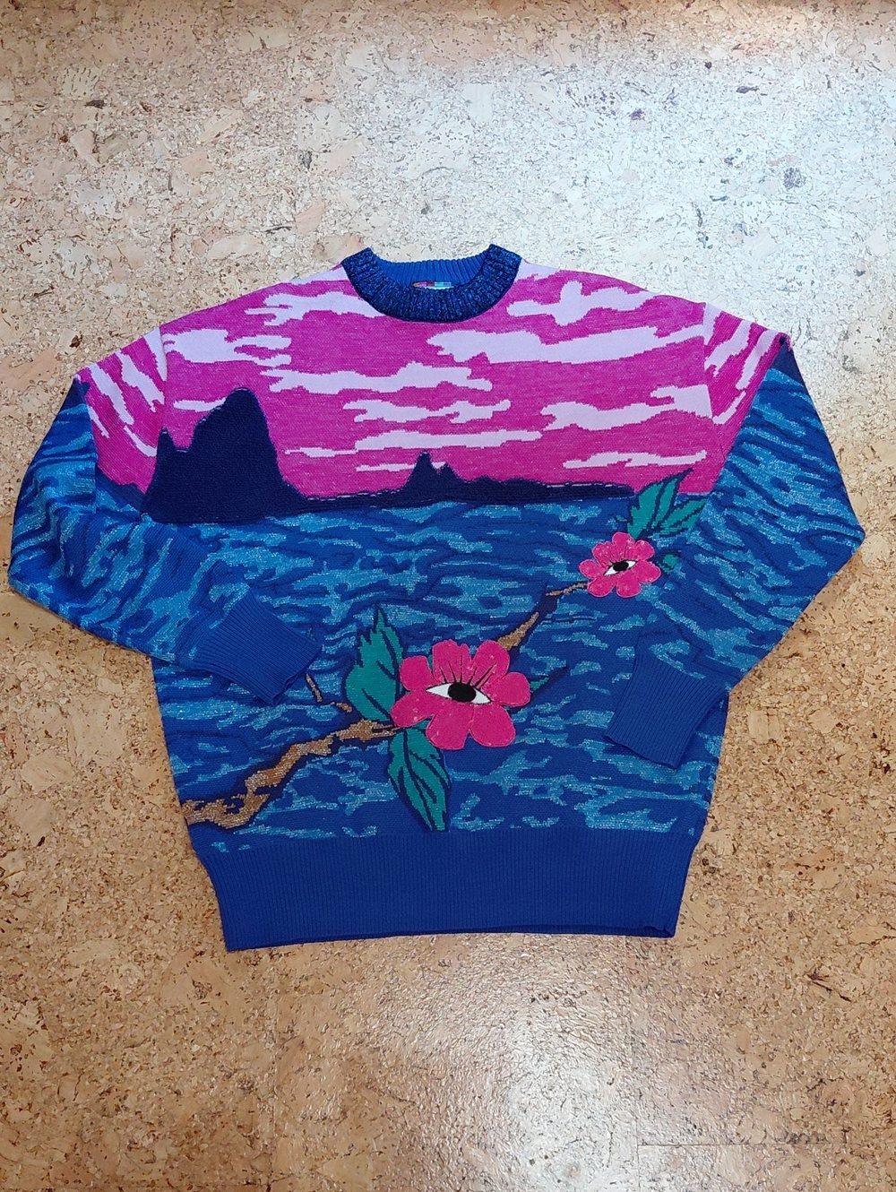 Mukzin Vintage Women's  Blue/Pink Landscape Sweater W/ Sequin Eye Flowers Size S